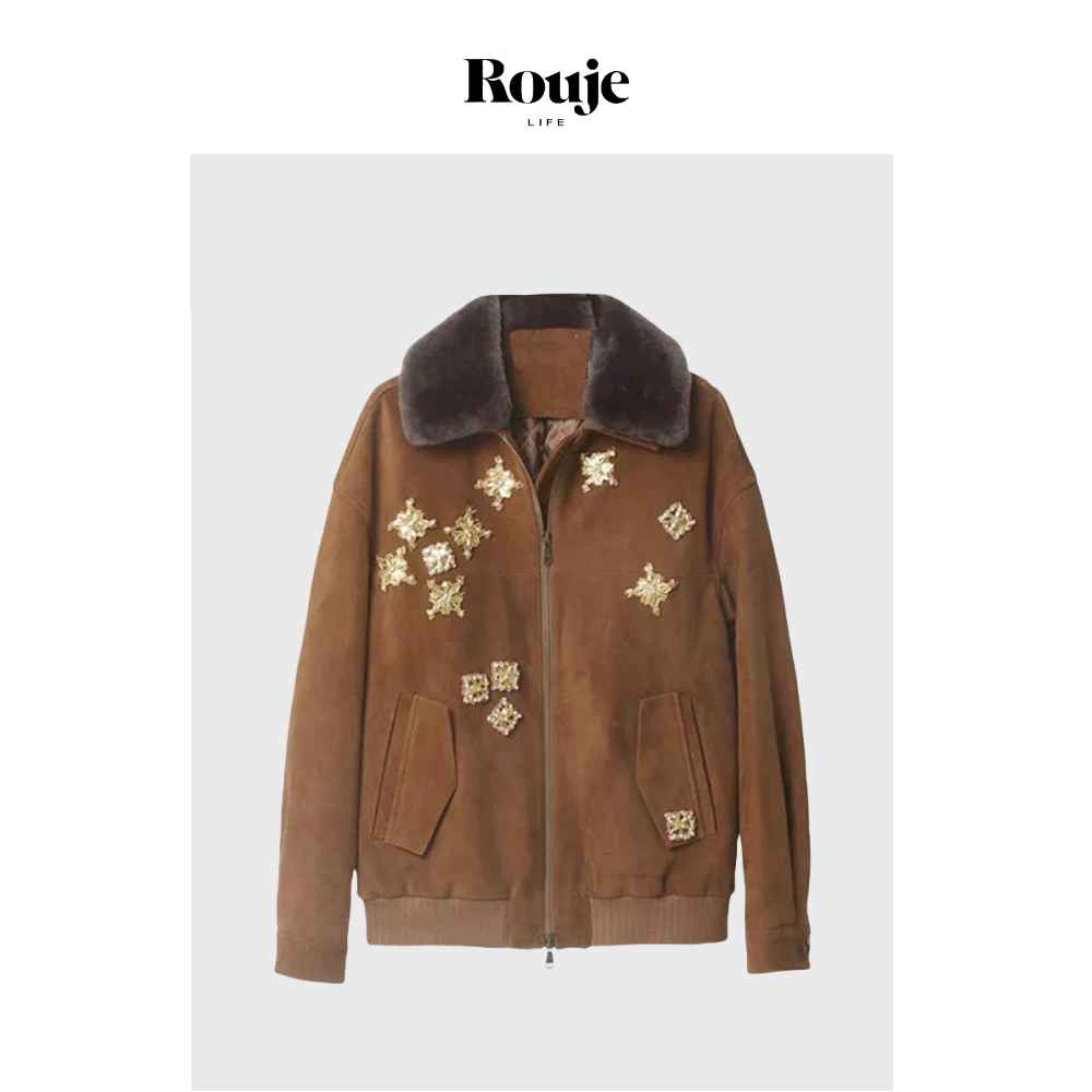 【现货】Rouje Life重工钉珠镶钻外套Miu系老钱风宽松麂皮夹克女