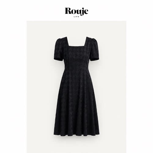 【现货】Rouje Life经典千鸟格提花暗花纹肌理黑裙复古方领连衣裙