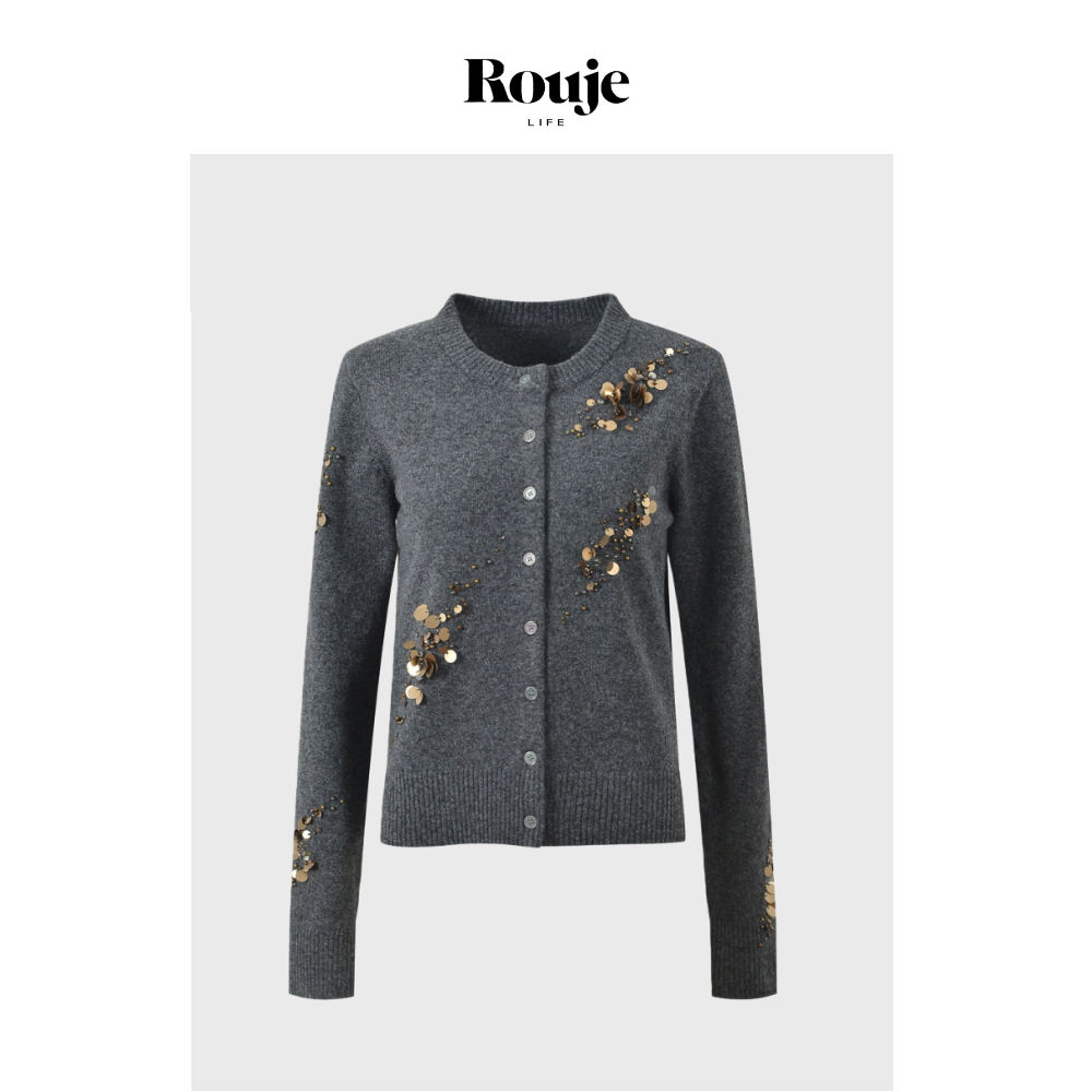 【现货】Rouje Life小众手工钉珠修身显瘦气质高级感圆领针织开衫,女装/女士精品,大码内搭,淘宝优惠券,粉丝福利购,淘宝优惠卷