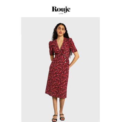 【现货】Rouje Life夏V领短袖茶歇裙中长款收腰连衣裙法式复古女