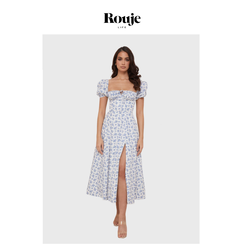【现货】Rouje Life house of cb碎花中长款修身开叉泡泡袖连衣裙