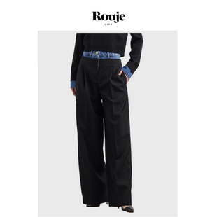 直筒阔腿裤 Life意大利羊毛垂挺抗皱黑色拼接西裤 Rouje 女 现货