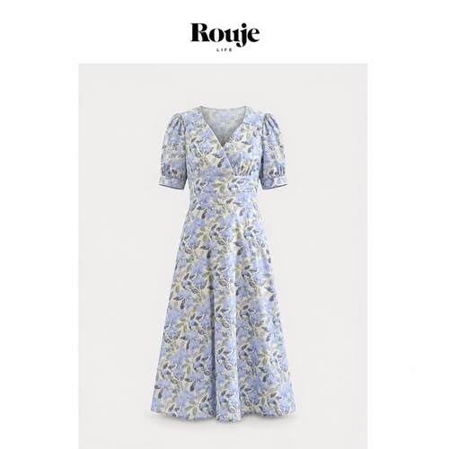 【现货】Rouje Life夏季法式印花V领收腰短袖茶歇裙高腰A摆连衣裙