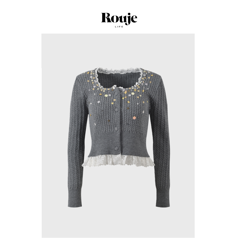 【现货】Rouje Life小众灰色假两件蕾丝拼接亮片钉珠针织开衫上衣,女装/女士精品,大码内搭,淘宝优惠券,粉丝福利购,淘宝优惠卷