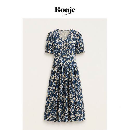 【现货】Rouje Life府绸棉印花V领短袖系带围裹收腰连衣裙茶歇裙
