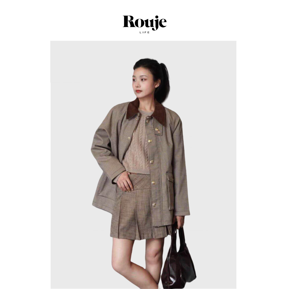 【现货】Rouje Life miu系女孩！学院风套装 千鸟格外套高腰短裙