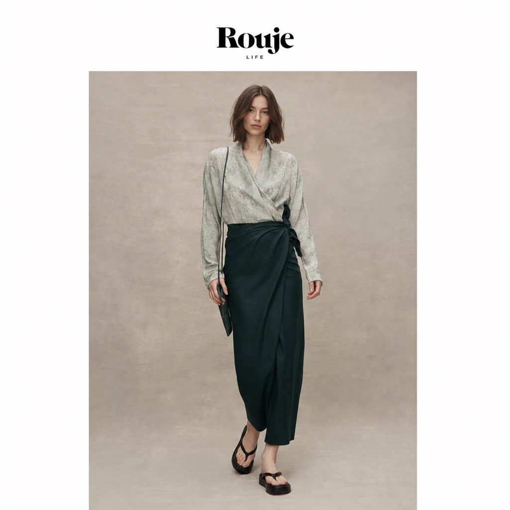 【现货】Rouje Life西班牙小众交叉V领长袖定染印花衬衣女夏