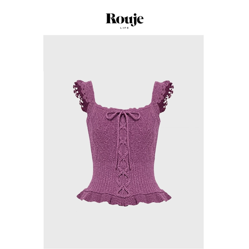 【现货】Rouje Life夏甜美洋气绞花系带花边袖收腰设计感吊带上衣