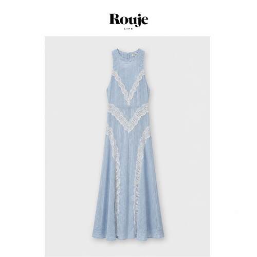 【现货】Rouje Life法式小众设计感蓝色蕾丝条纹长款背心连衣裙女
