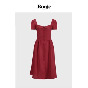 【现货】Rouje Life复古法式红裙泡泡袖大方领赫本风蝴蝶结连衣裙