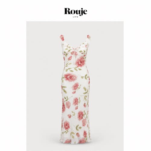 【现货】Rouje Life朦胧感温柔性感花朵V领低胸斜裁真丝连衣裙女