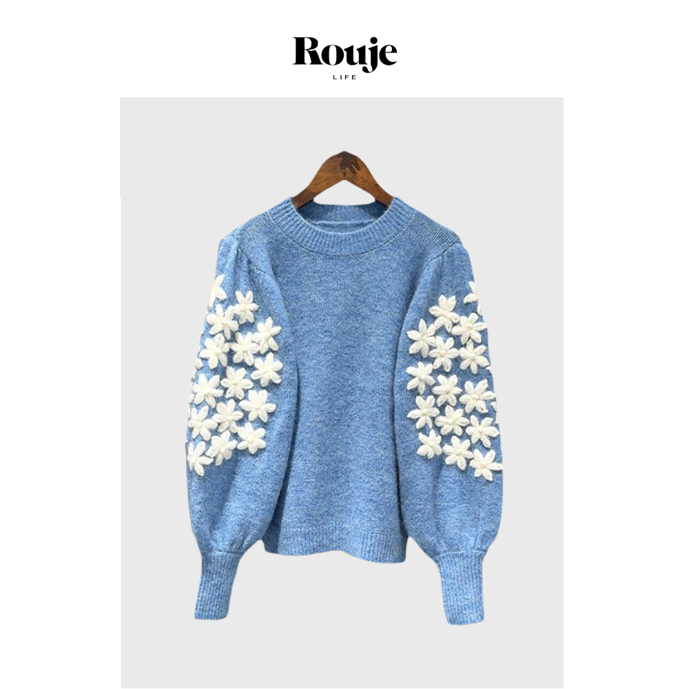 【现货】Rouje Life巴黎花朵毛衣24秋季温柔蓝色立体刺绣针织衫