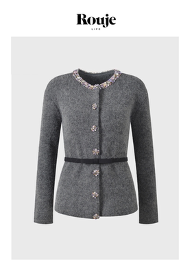 【现货】Rouje Life法式高级感重工彩钻灰色宽松针织开衫上衣外套