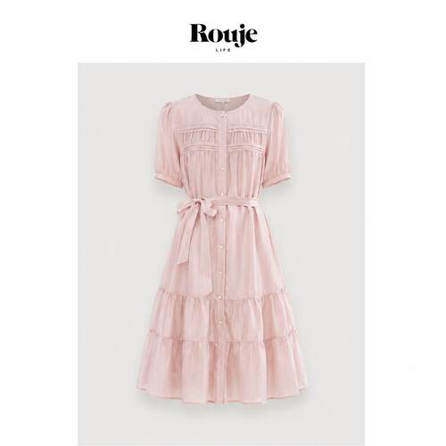 【现货】Rouje Life夏季气质通勤风优雅雪纺裙天丝短袖高腰连衣裙