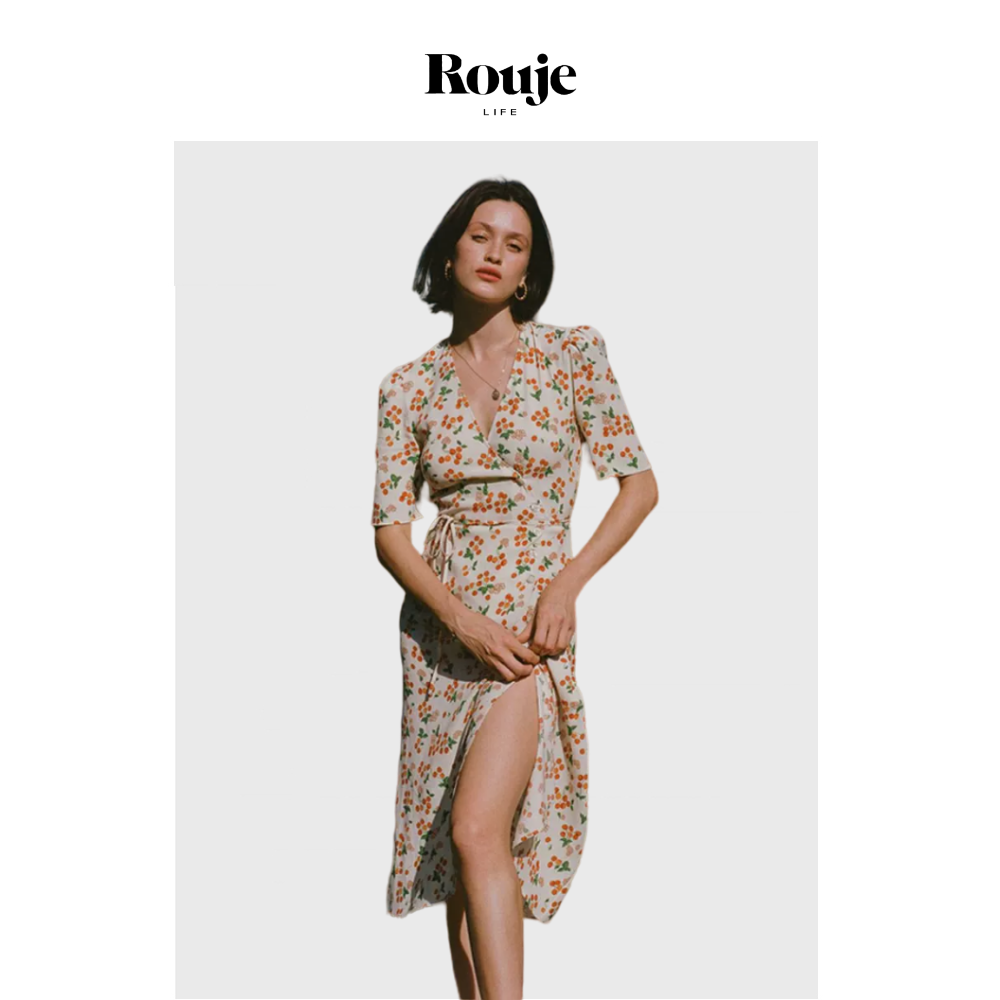 【现货】Rouje Life法式复古碎花裙茶歇裙连衣裙樱桃一片式裹身裙