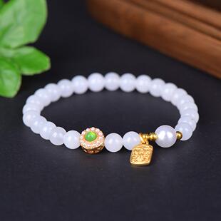 天然新疆和田玉白玉多宝男女款手链金丝玉单圈手串6mm