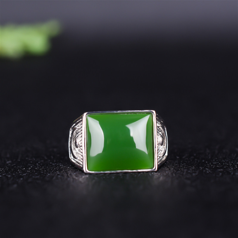 和田玉碧玉方形戒指 925银镶嵌玉石戒指男款银镶玉指环活口可调节
