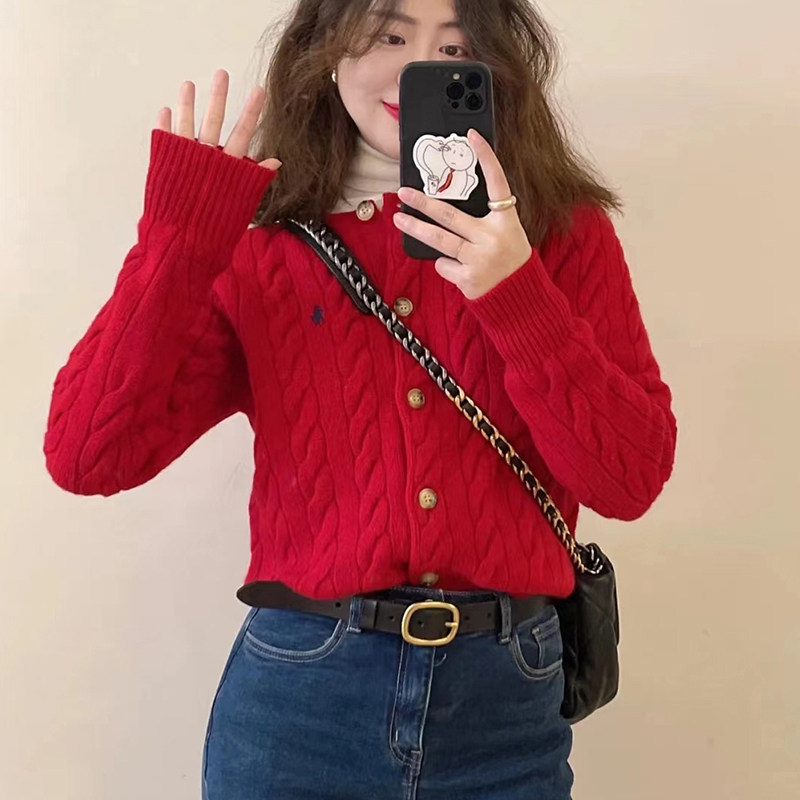 正品POLO保罗开衫毛衣女宽松休闲外套麻花针织衫纯色长袖羊毛衫