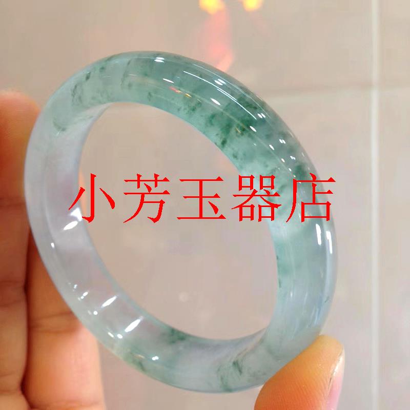 缅甸老坑冰种飘花翡翠色手镯圆条晴水吊坠贵妃飘绿玉镯字古风女款