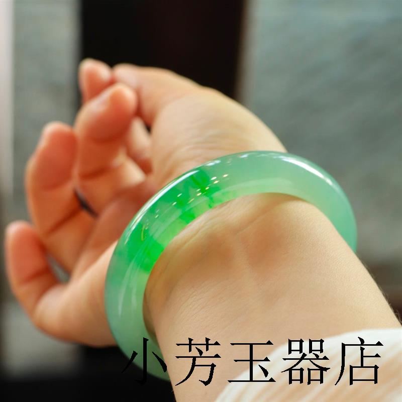 缅甸精选翡翠色手镯女冰种阳绿高端扁条老坑绿飘花糯冰春彩玉石镯