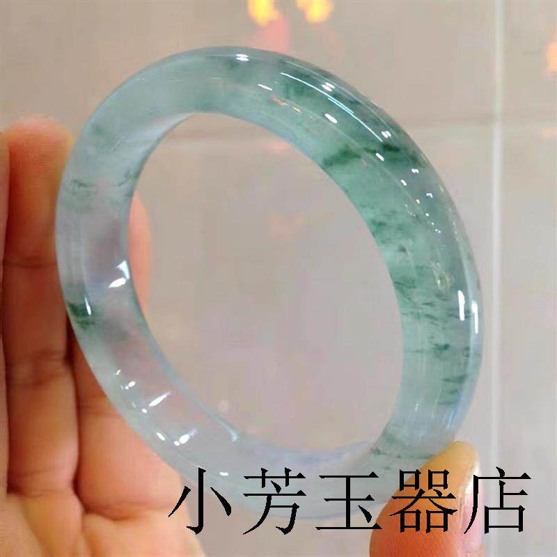 缅甸冰种飘花翡翠色手镯圆条老坑晴水贵妃吊坠玉手镯飘绿玉镯子女