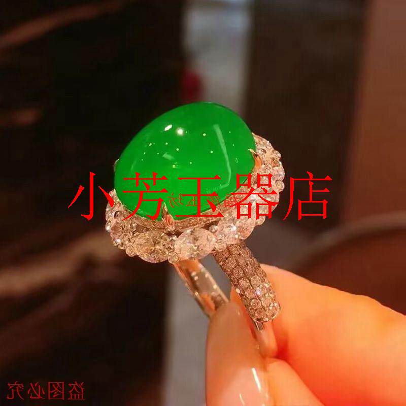 翡翠色戒指缅甸帝王绿冰种阳绿蛋面满绿镀银镶嵌深绿戒面活口处理