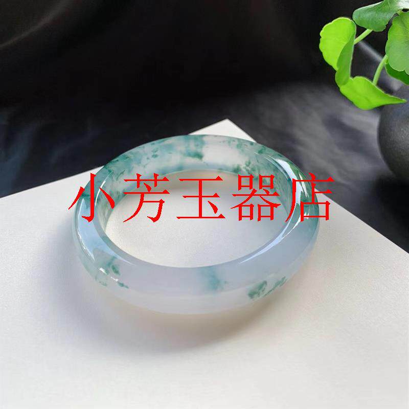冰种冰底飘绿花翡翠色正圈玉手镯