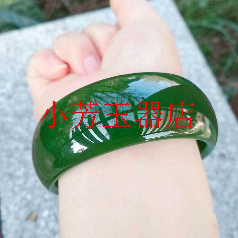 精选新疆和田玉碧玉玉石手镯菠菜绿色加宽加厚版碧玉镯子百搭女款