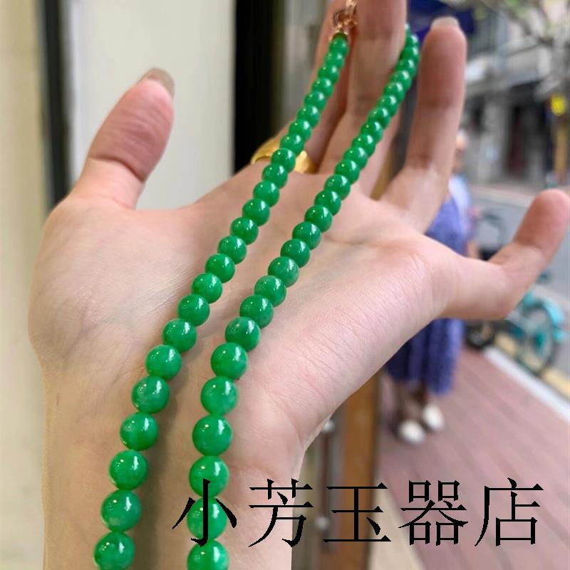 缅甸满绿玉项链冰糯种正阳绿色独龙玉小米珠菠菜绿圆珠毛衣链女款