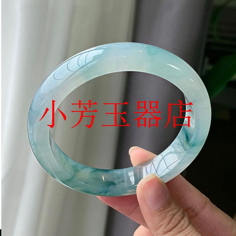 缅甸翡翠色玉手镯冰糯种白底飘花玉镯正圈贵妃复古绿飘花玉石手镯