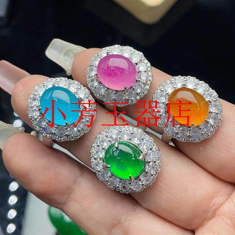 缅甸精选翡翠色玉石镶嵌银饰女戒指冰底蛋面平安转运多宝饰品送礼