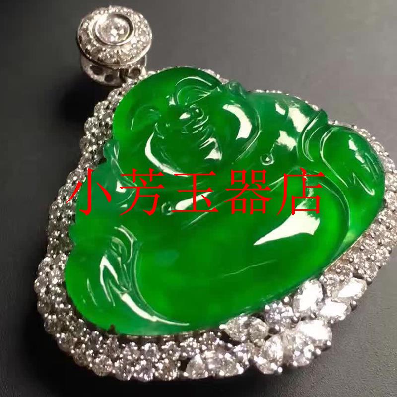 缅甸冰种翠绿辣绿翡翠色佛公吊坠