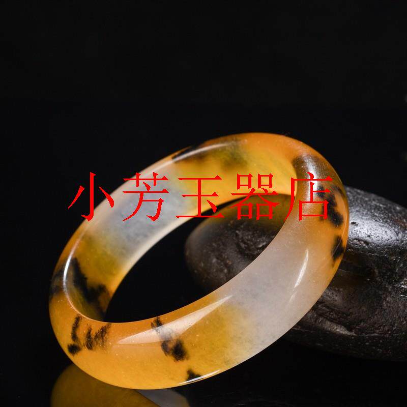 精品黄龙玉手镯宽版玉石镯子鸡油黄黑水草花飘黄玉镯手镯百搭女款