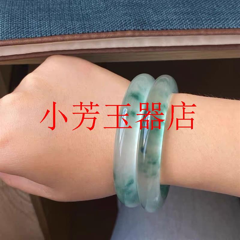 精挑玻璃种翡翠色手镯缅甸飘花玉镯冰种货贵妃正圈圆条独龙玉手镯