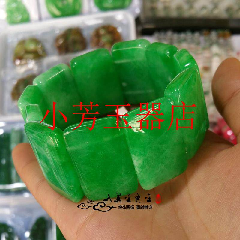 缅甸翡翠色花青手排精品男女同款手牌冰糯种阳绿飘花方形手链饰品