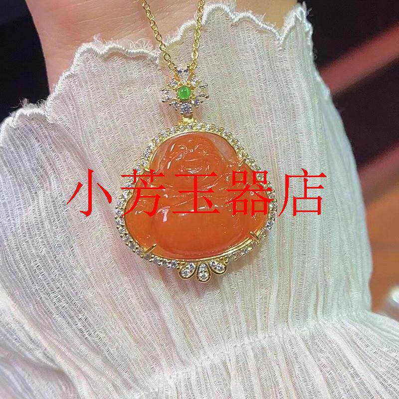 高精选缅甸老坑种翡翠色料弥勒佛吊坠银镶嵌红翡翠色佛公玉挂坠款