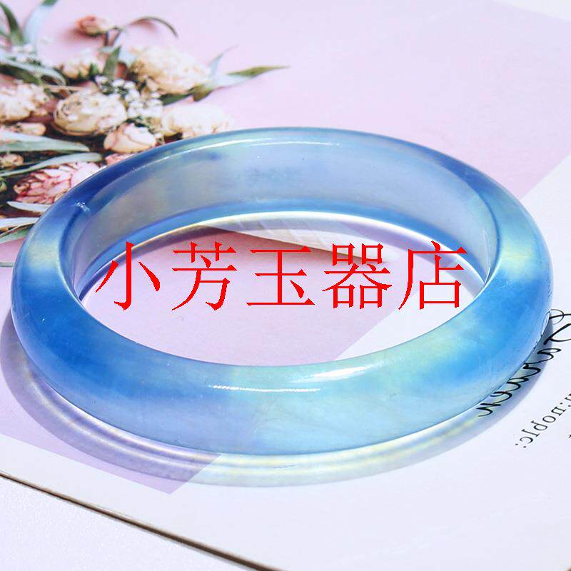精选缅甸老坑海蓝宝手镯女冰种海宝蓝手镯细圆条宽厚水晶百搭玉镯