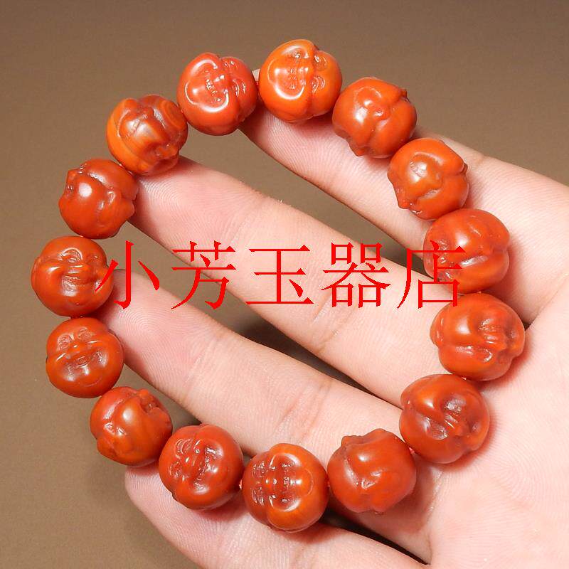 保山南红玛瑙柿子红笑佛公和田玉精品佩戴级云南精雕大颗佛头手串