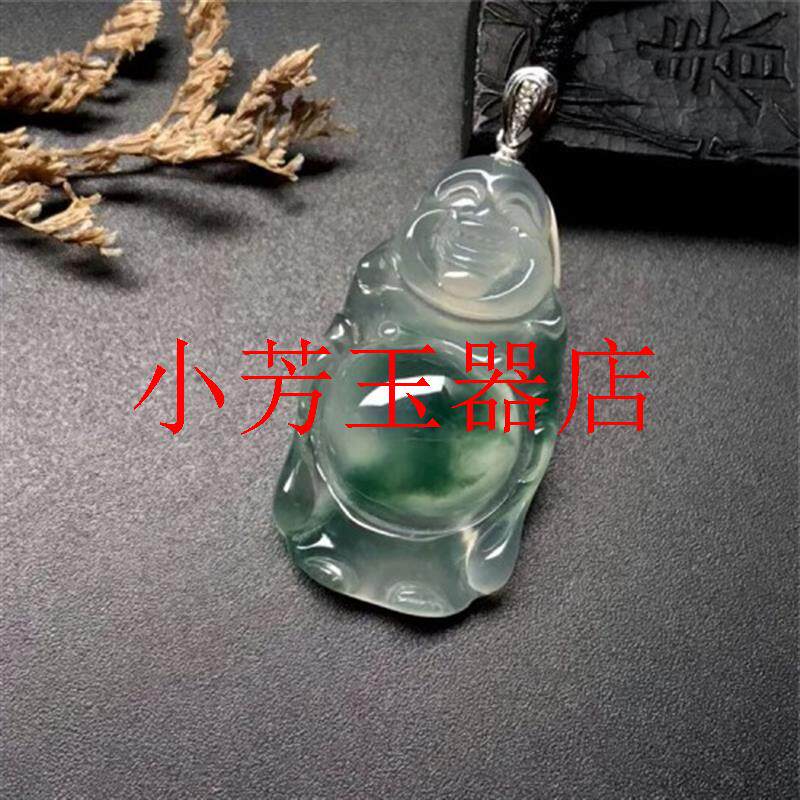 缅甸高端翡翠色玉佛吊坠冰种翠色站佛挂件复古绿飘花弥勒佛玉坠子