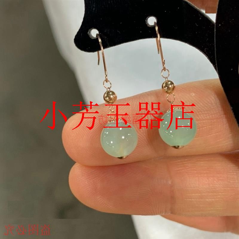 精品翡翠色冰糯种晴水绿圆珠耳环金饰镶嵌轻奢小众少女款耳坠饰品