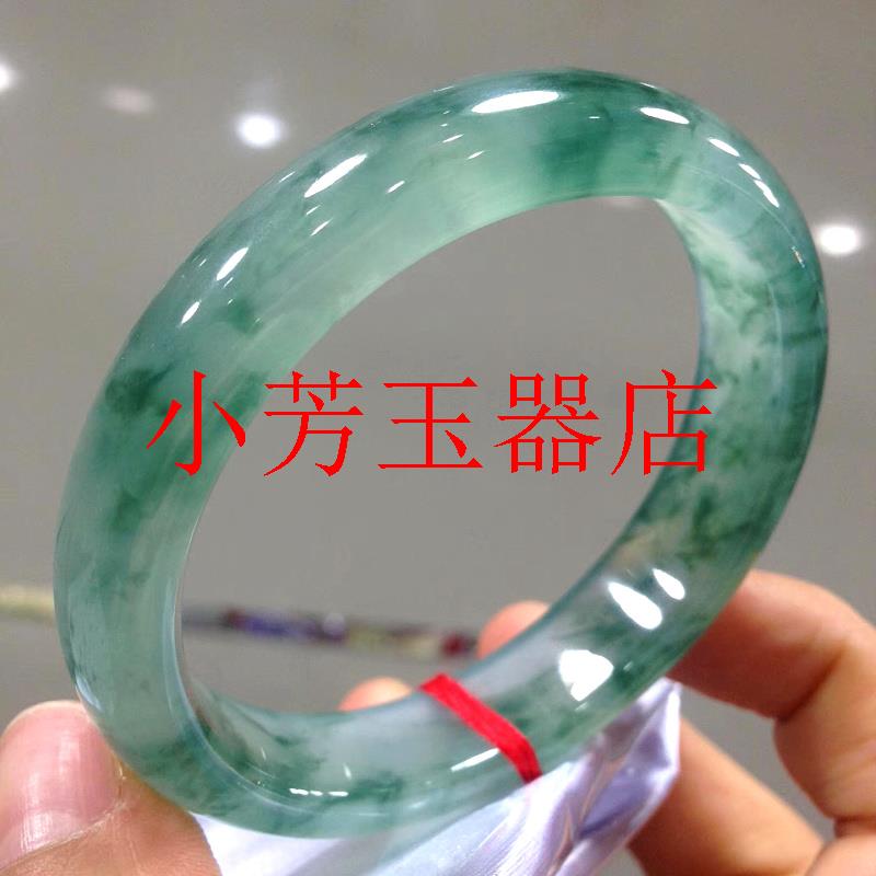 缅甸老坑冰种飘花翡翠色手镯飘绿正圈玉镯翠色复古绿飘花手镯女款