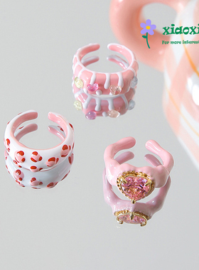 ins风可爱甜美多巴胺风格少女锆石镶嵌爱心造型手工滴油戒指手饰