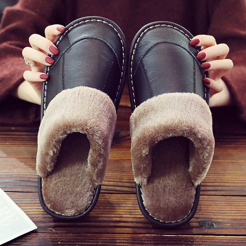 秋冬季牛皮棉拖鞋家用男女室内地板上线牛筋底防滑冬天毛毛绒保暖