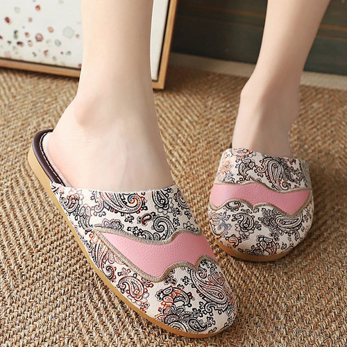 欧式印花秋冬季厚底牛皮棉拖鞋