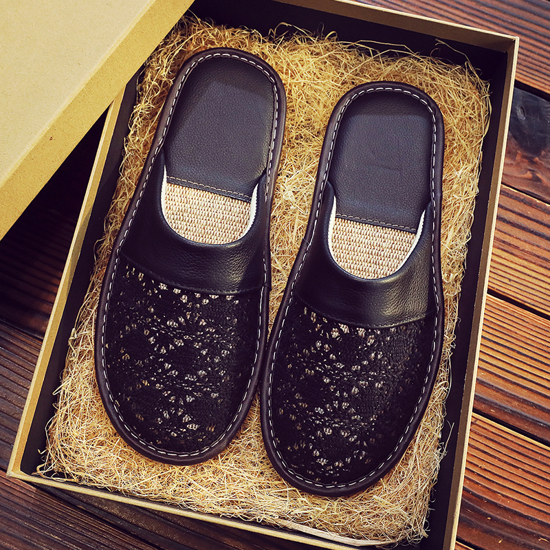 大码防滑静音男牛皮亚麻透气包头居家鞋吸汗耐磨夏季新品软底女士