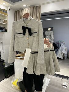 小香风蝴蝶结外套百褶半身裙两件套女装2023早秋新款韩版时尚套装