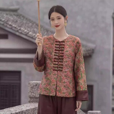 非遗桑蚕丝蜀锦红云纱中式外套