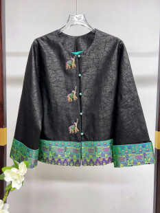 非遗龟裂纹香云纱新中式重工订珠大象图案拼接蜀锦桑蚕丝国风外套