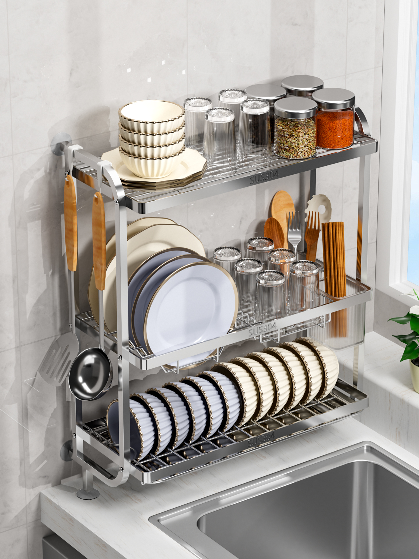 304不锈钢厨房碟架，排水架，水槽壁上窄边碟架，洗碗架