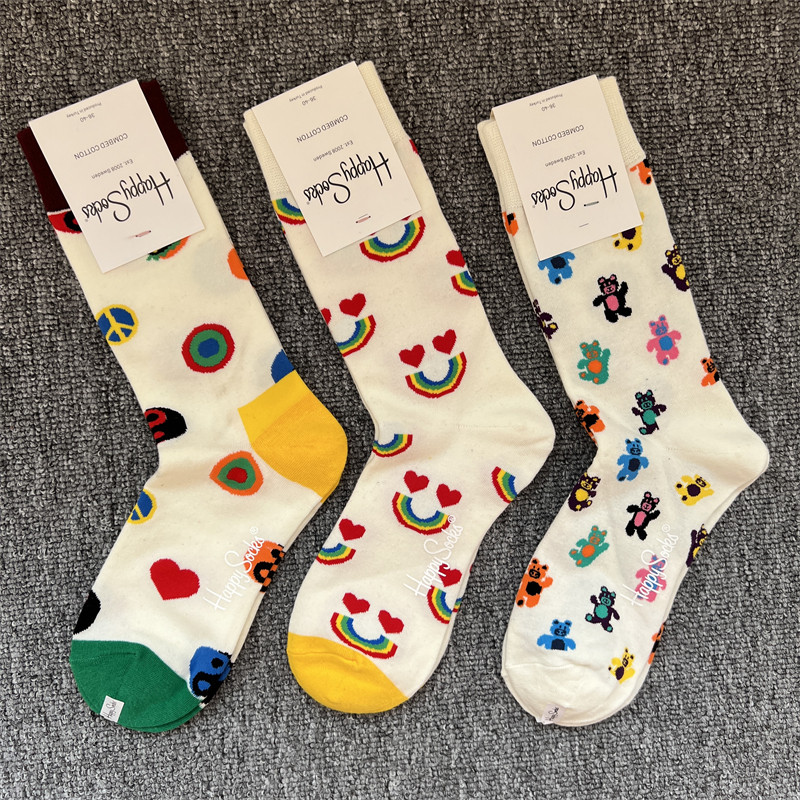 happySocks袜子女瑞典潮牌中筒袜四季网红款外穿百搭街头彩色袜子